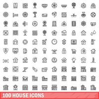 100 house icons set, outline style vector