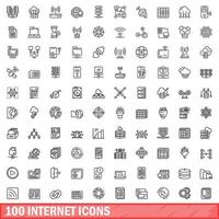 100 internet icons set, outline style vector