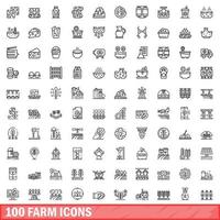 100 iconos de granja, estilo de esquema vector