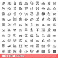 100 farm icons set, outline style vector