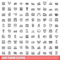 100 farm icons set, outline style vector