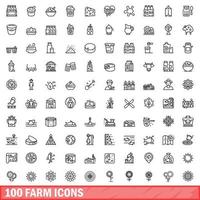 100 farm icons set, outline style vector