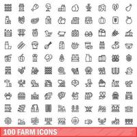 100 farm icons set, outline style vector