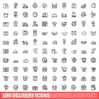 100 conjunto de iconos de entrega, estilo de esquema vector