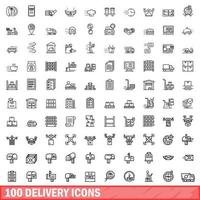 100 conjunto de iconos de entrega, estilo de esquema vector