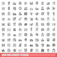 100 conjunto de iconos de entrega, estilo de esquema vector