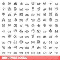 100 device icons set, outline style vector