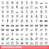 100 device icons set, outline style vector