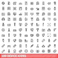 100 device icons set, outline style vector