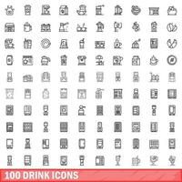 100 iconos de bebida, estilo de esquema vector