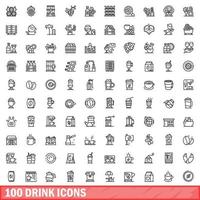 100 drink icons set, outline style vector