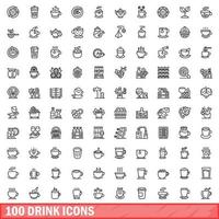 100 iconos de bebida, estilo de esquema vector