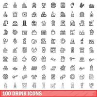 100 drink icons set, outline style vector