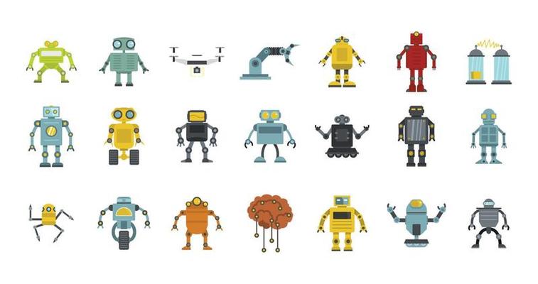 Robot icon set, flat style