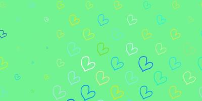 Light Blue, Yellow vector pattern with colorful hearts.