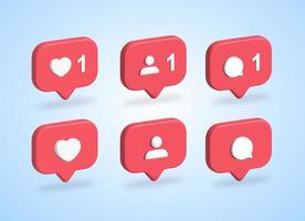 3D social media notification icon set vector, love, like, follow, comment vector