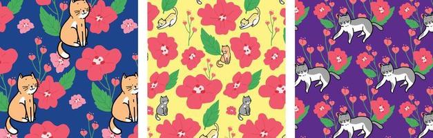 Cute flowers and cats seamless pattern collection vector design