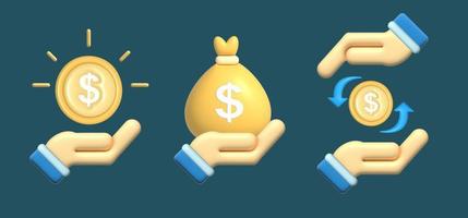 Conjunto de iconos vectoriales de concepto de dinero 3d, moneda de dinero, bolsa de dinero, cambio de dinero y mano vector
