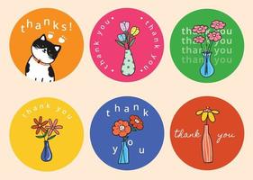 thank you sticker with rose flowers and cat doodle style vector design