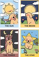 concepto de tarjeta de tarot con juego de vectores de ilustración de perro labrador retriever, sol, luna, torre, estrella