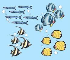 set of ocean school of fish vector, butterfly, nourish, barracuda and platax fish vector