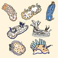 conjunto de vectores de ilustración de personaje de dibujos animados de nudibranquio