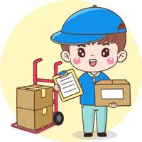 Cartoon character delivery man. courier in uniform holding cardboard box and with .  hand truck. Flat illustration isolated vector design