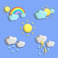 Conjunto de iconos de tiempo 3d, sol, nube, lluvia y vector de arco iris