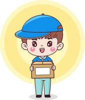 Cartoon character delivery man. courier in uniform holding report paper and cardboard box . Flat illustration isolated vector design