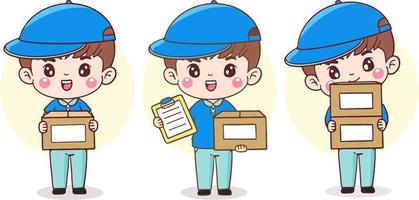 Set cartoon character delivery man. courier in uniform holding cardboard boxes . Flat illustration vector design