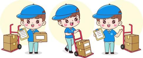 Cartoon character delivery man. courier in uniform holding report paper with cardboard boxes on hand truck. Flat illustration isolated vector design