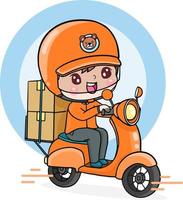 cartoon character delivery man ride motorcycle with cardboard boxes flat illustration isolate vector design