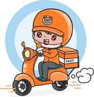 cartoon character delivery man ride motorcycle, shipping fast express flat illustration