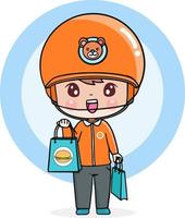 Cartoon character delivery man sending food, take away, flat illustration