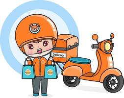 Cartoon character delivery man sending food, take away, ride motorbike delivery food, flat illustration vector
