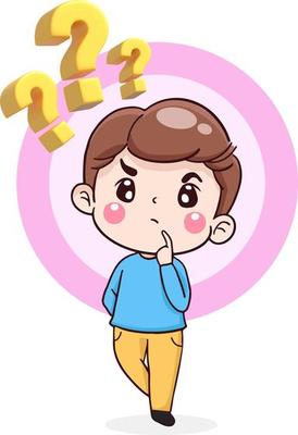cartoon character man thinking with question mark icon, flat illustration