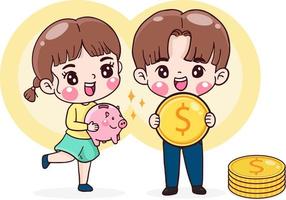 cartoon character woman holding piggy bank man holding coin, money saving and finance concept, flat illustration vector