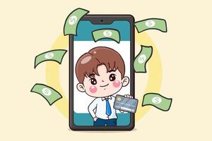 cartoon character business man holding credit card on mobile phone, financial concept, flat illustration vector