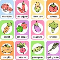 set vegetable cartoon character english vocabulary fast card for kids, flat illustration vector design