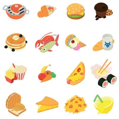 Variety of food icons set, isometric style