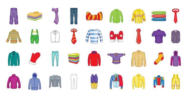 Clothes icon set, cartoon style