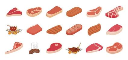 Steak icon set, cartoon style vector