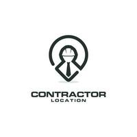 logotipo del contratista, combinación de trabajadores de la construcción y ubicación del pasador vector