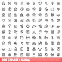 100 iconos de caridad establecidos, estilo de esquema vector