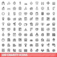100 iconos de caridad establecidos, estilo de esquema vector