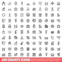 100 iconos de caridad establecidos, estilo de esquema vector