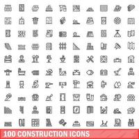 100 construction icons set, outline style vector