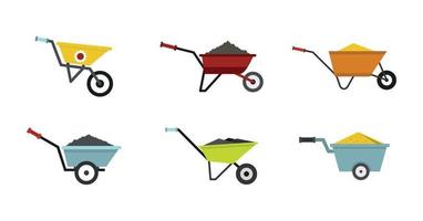 One wheel barrow icon set, flat style vector