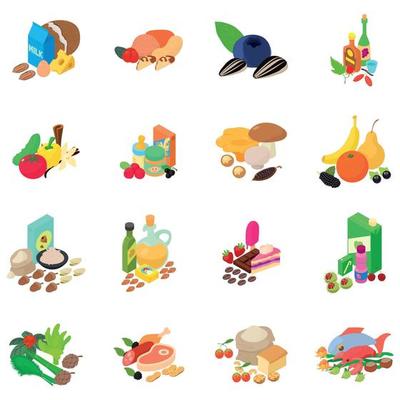 Foodstuff icons set, isometric style