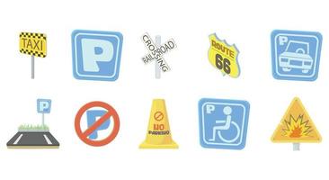 Road sign icon set, cartoon style vector